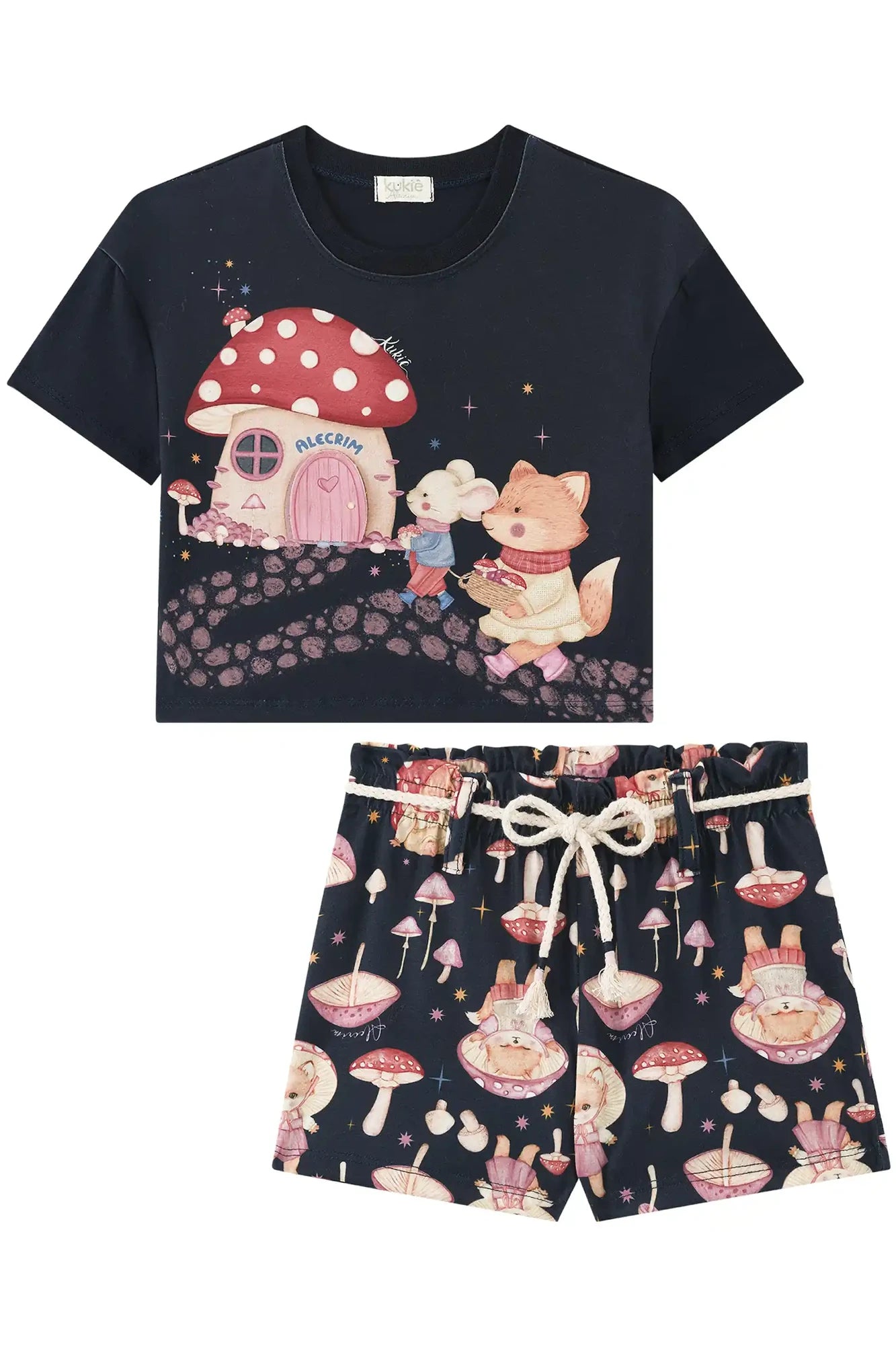 Conjunto Infantil Kukiê Inverno com Shorts e Blusa Manga Curta Azul Marinho Casinha Cogumelo
