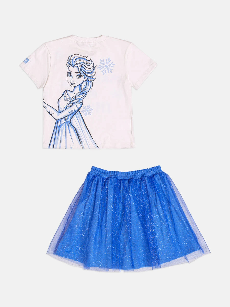 Conjunto Infantil Bimbi Inverno com Saia em Tule Azul e Blusa Manga Curta Olaf Disney