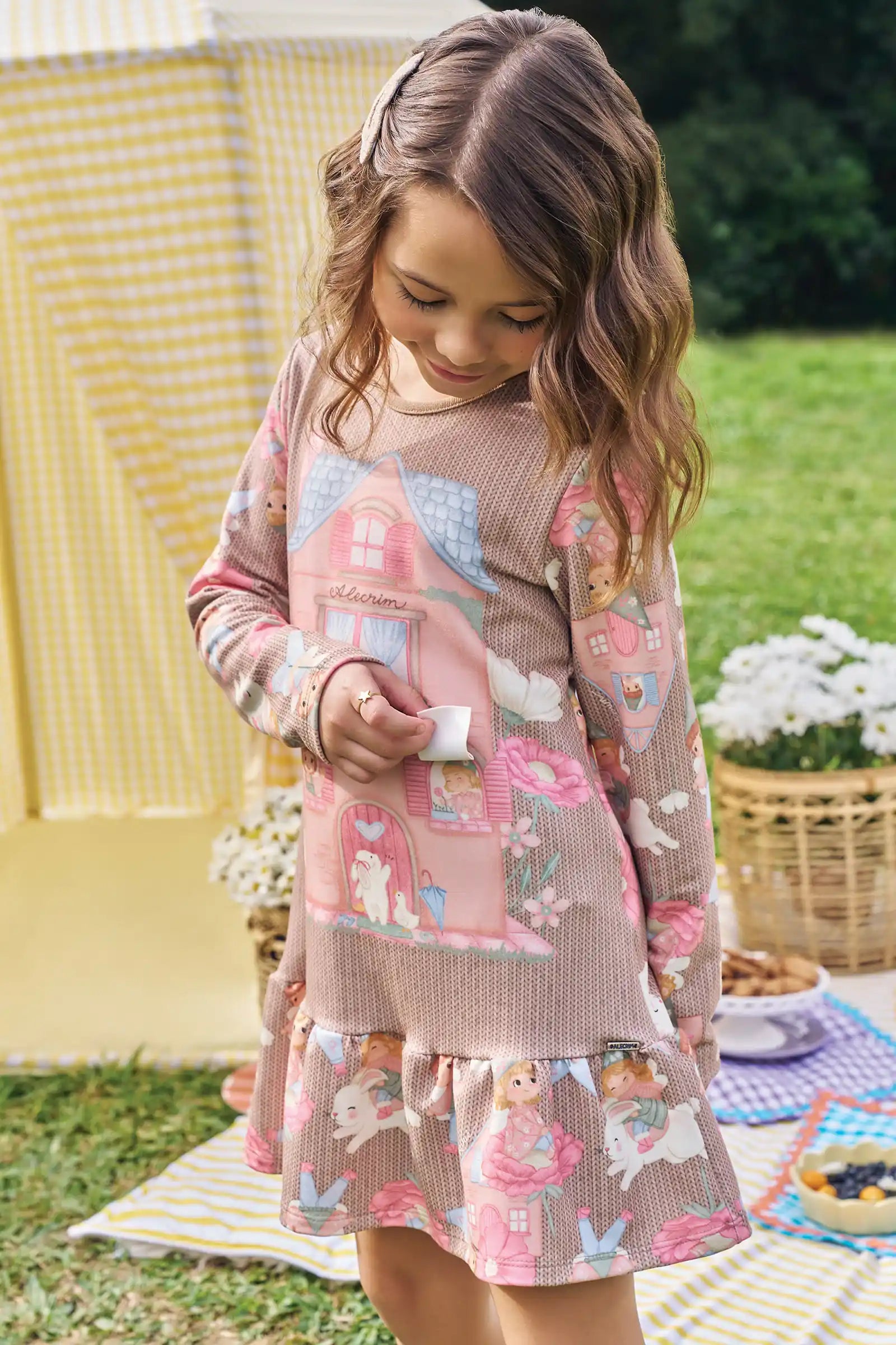 Vestido Infantil Kukiê Inverno Bege Casinha