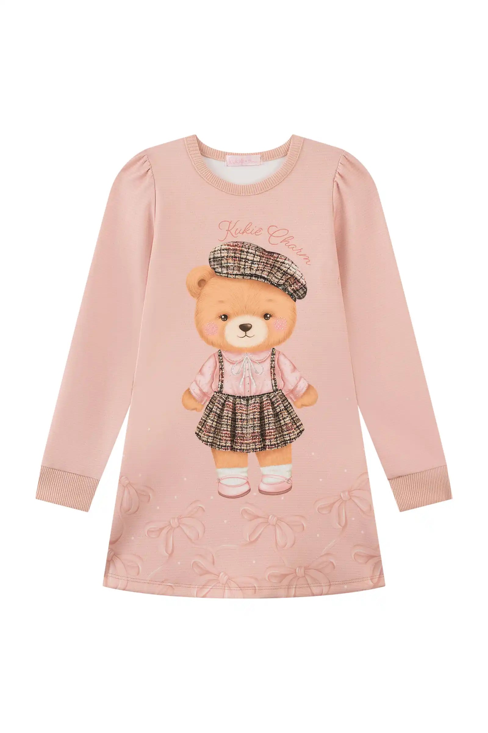 Vestido Infantil Kukiê Inverno Rosa Ursinha e Lacinhos