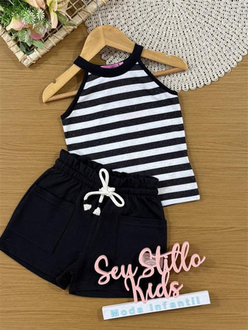 Conjunto Infantil Belime Verão com Shorts Preto e Regata Listrada