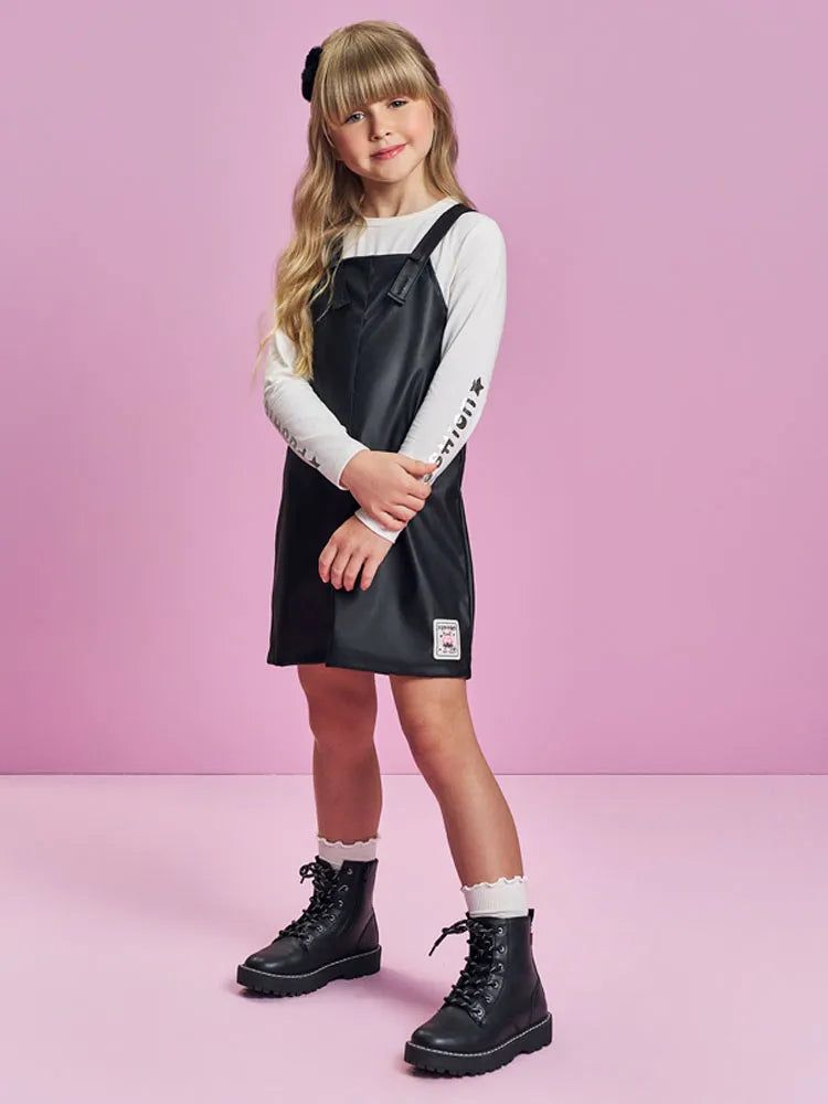 Conjunto Infantil Cinti Inverno Salopete Preta Courino e Blusa Manga Longa Branca