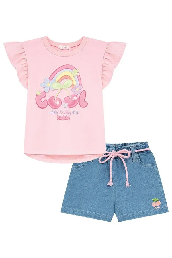 Conjunto Infantil Menina Kukiê com Shorts Jeans e Blusa Cerejinha Arco-íris