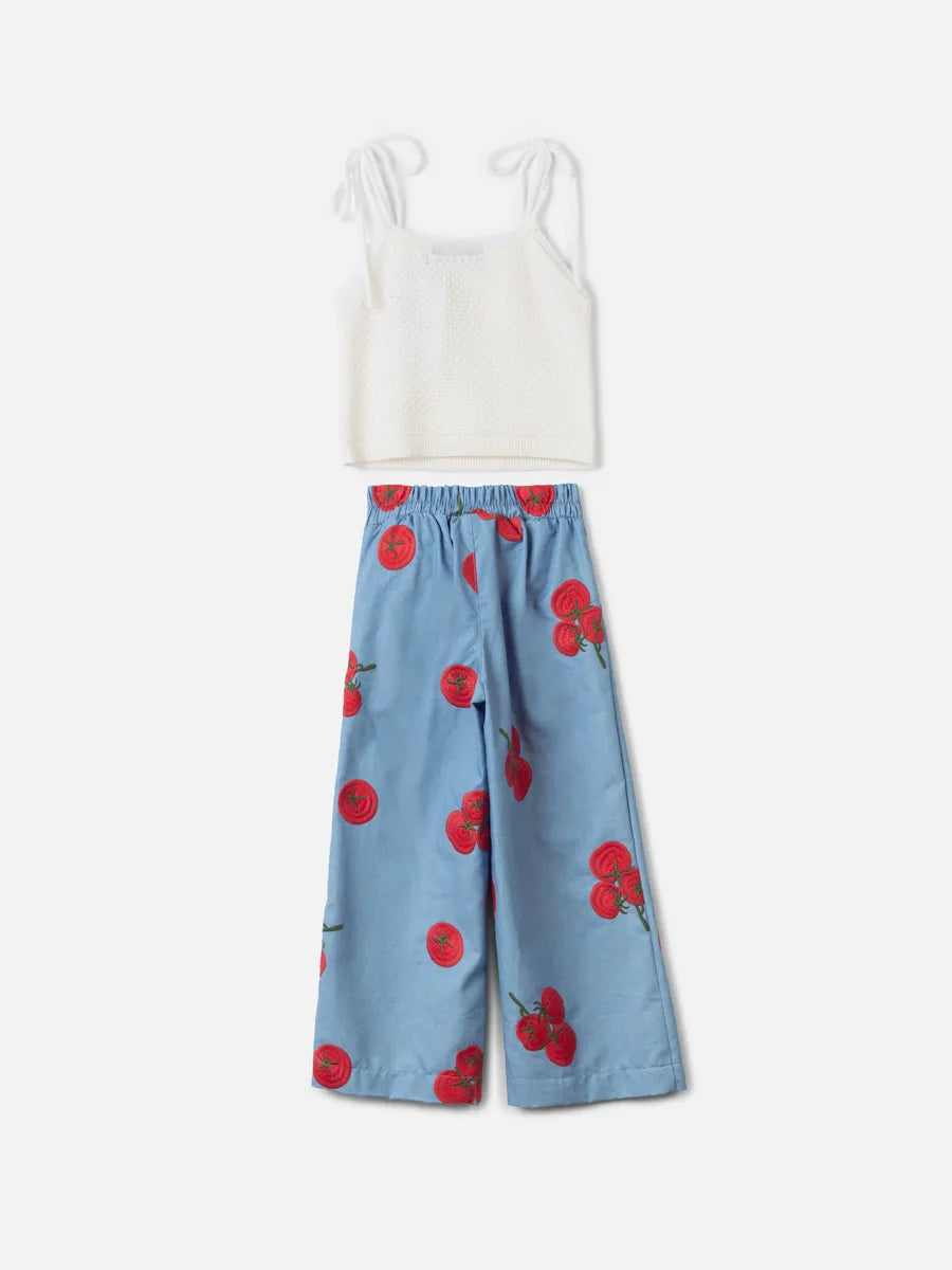 Conjunto Infantil Menina Animê Calça Azul Tomatinhos e Blusa Off White