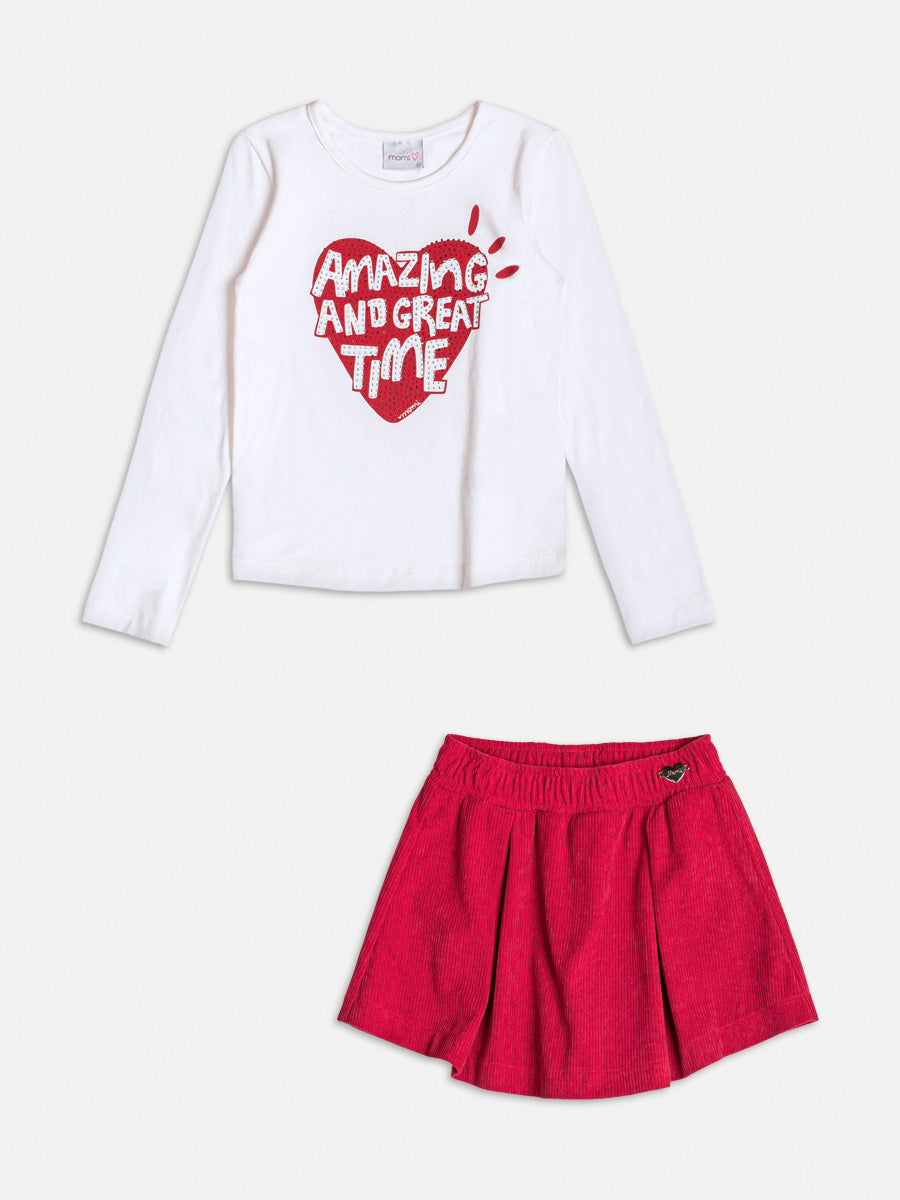 Conjunto Infantil Momi Inverno Shorts Vermelho e Blusa Manga Longa Amazing