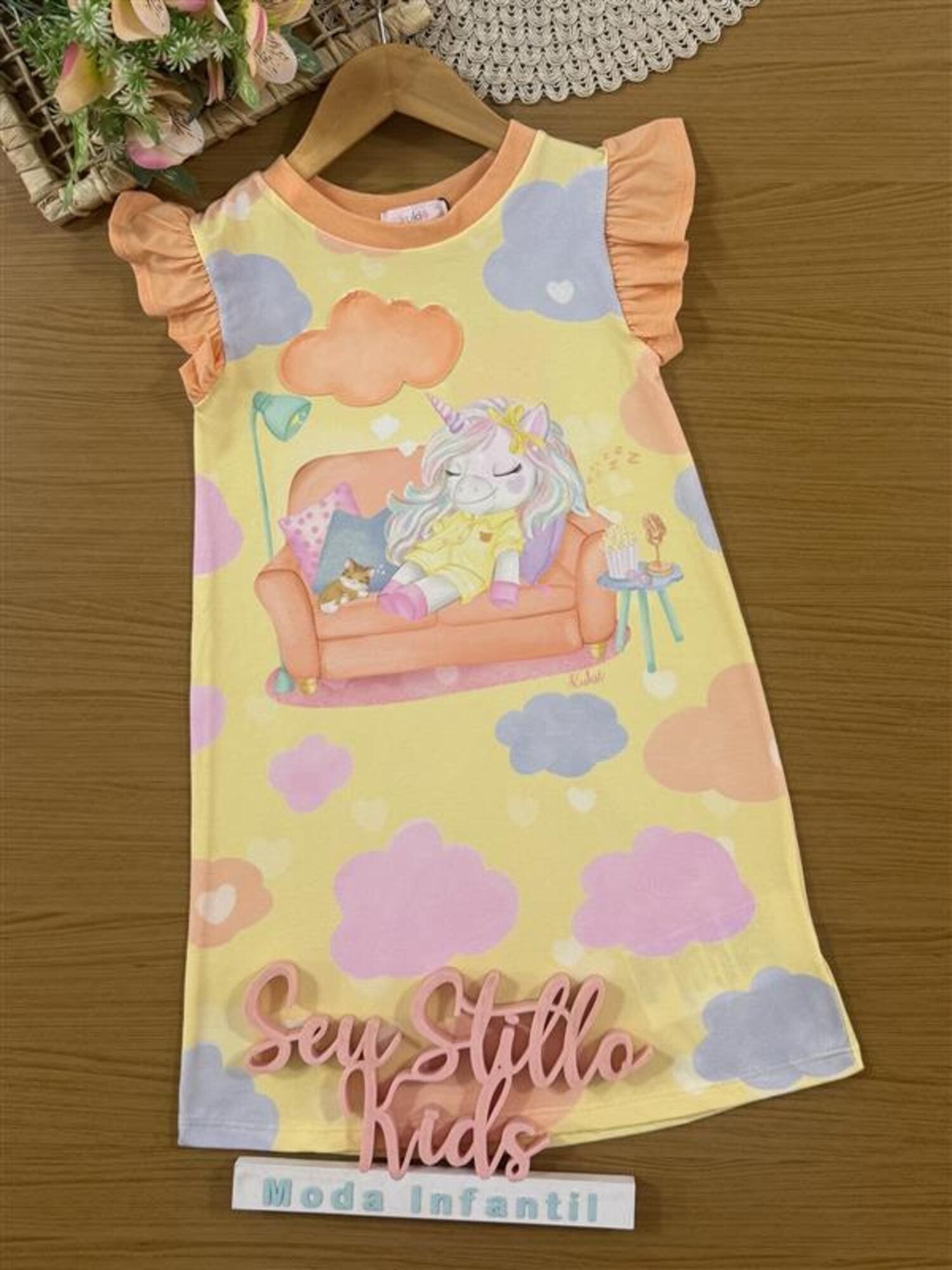 Camisola Infantil Kukiê Verão Amarela Unicórnio Hora de Dormir