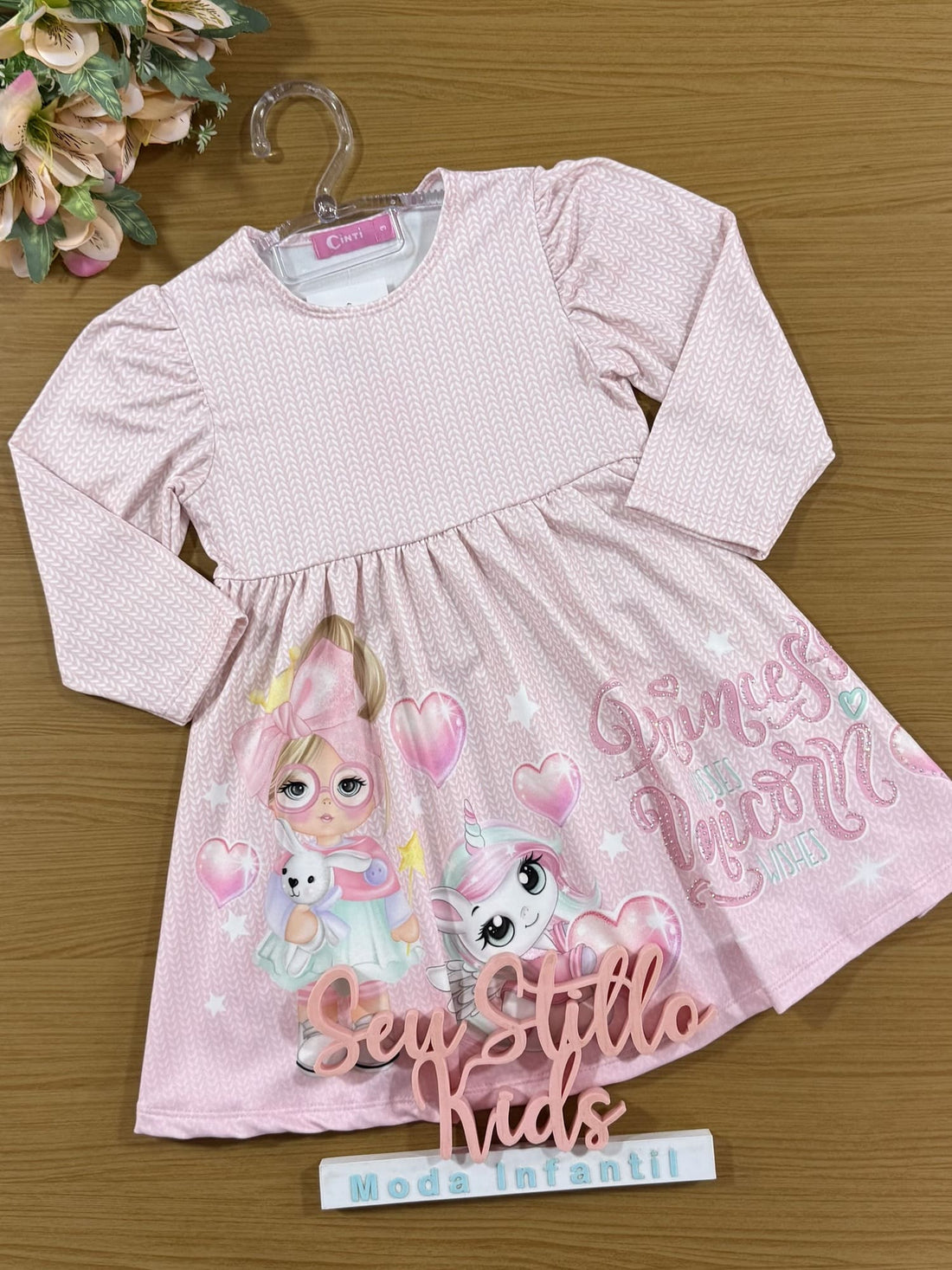 Vestido Infantil Cinti Inverno Rosa com Colete Unicórnio