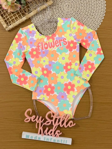 Maiô Infantil Menina Kukiê Manga Longa Colorido Flowers