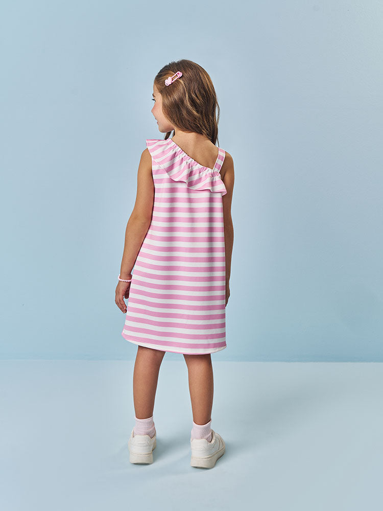 Vestido Infantil Cinti Verão Rosa Listrado Ursinha Coração com Strass