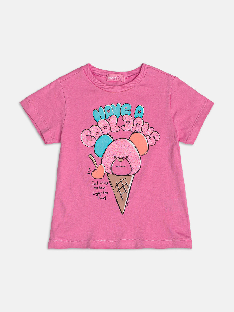 Conjunto Infantil Momi Verão com Shorts Ciclista Bege e Blusa Rosa Ursinho Sorvete