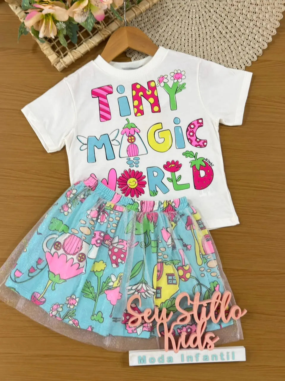 Conjunto Infantil Menina Bimbi Saia em Tule e Blusa Jardim das Fadas