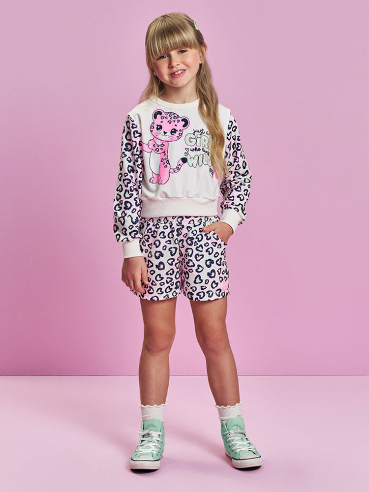 Conjunto Infantil Cinti Inverno com Shorts e Moletom sem Flanela Branco Oncinha