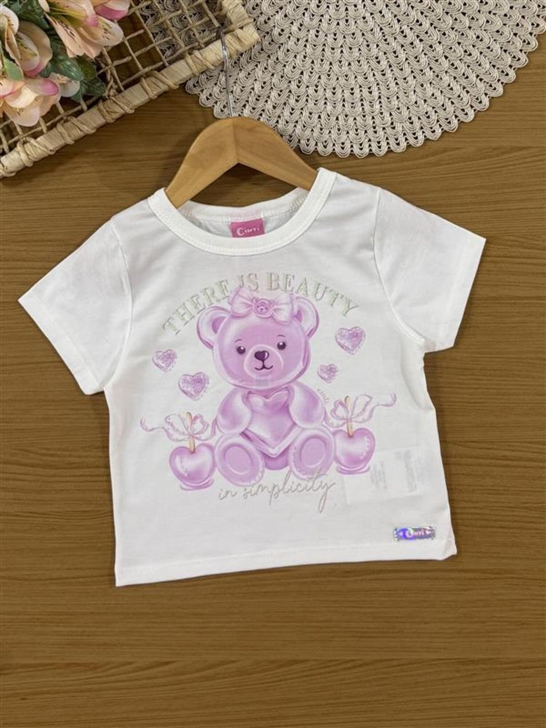 Conjunto Infantil Cinti Verão com Shorts Saia Rosa e Blusa Branca Ursinha Docinho