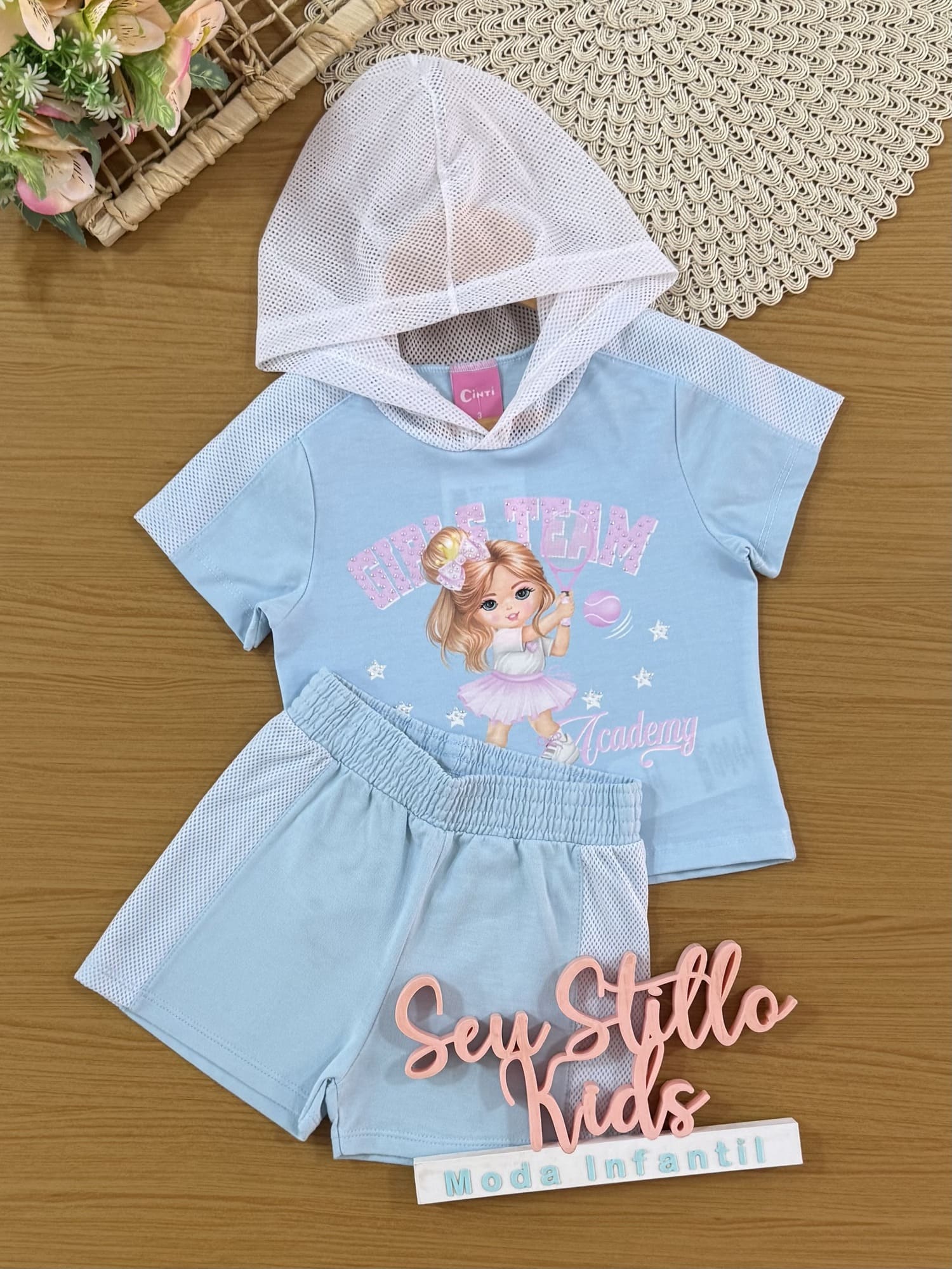 Conjunto Infantil Cinti Verão com Shorts e Blusa Azul Menininha Tênista