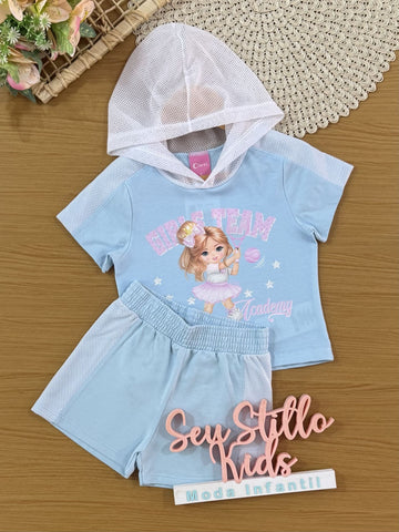 Conjunto Infantil Cinti Verão com Shorts e Blusa Azul Menininha Tênista