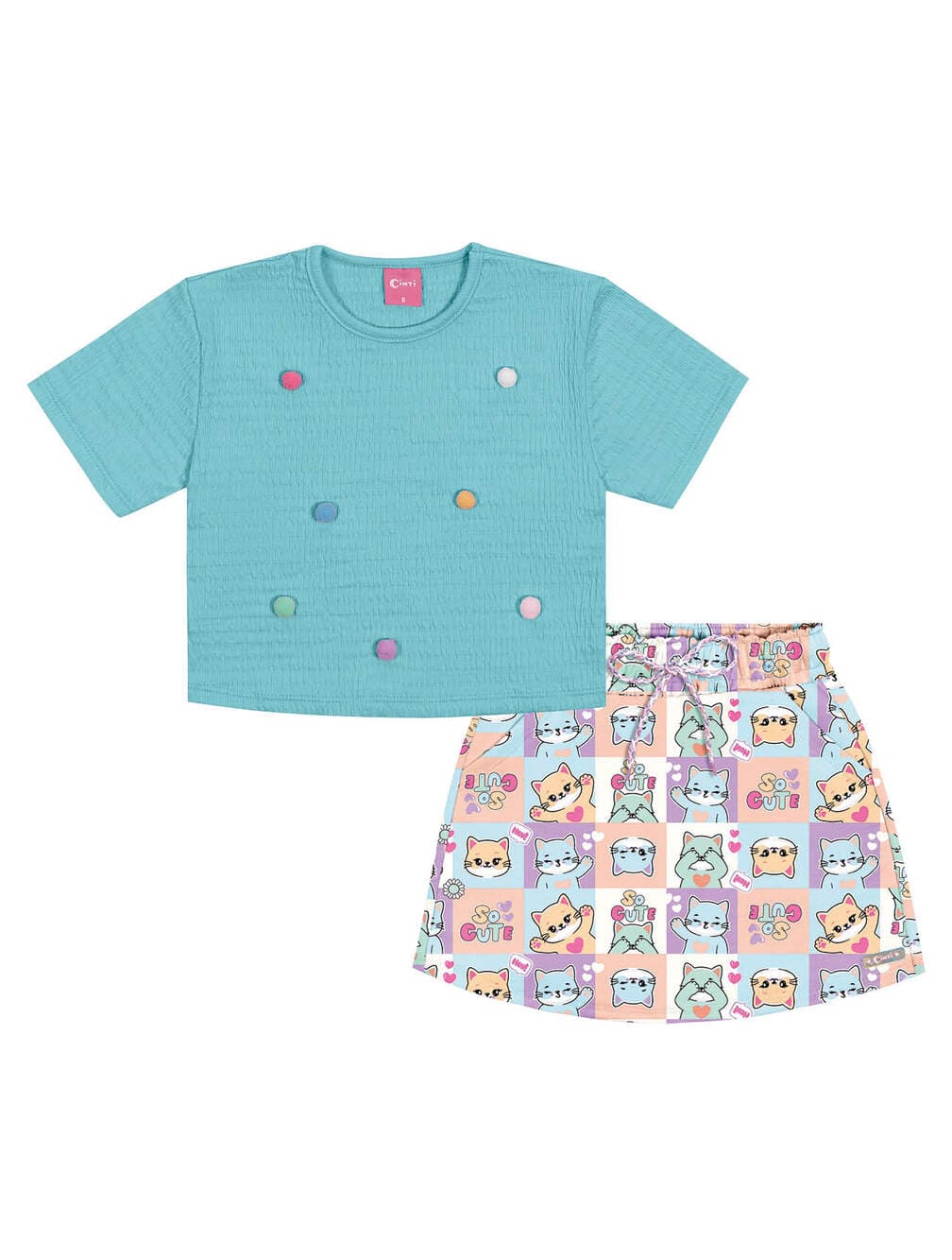 Conjunto Infantil Cinti Verão Shorts Saia e Blusa Azul Cute