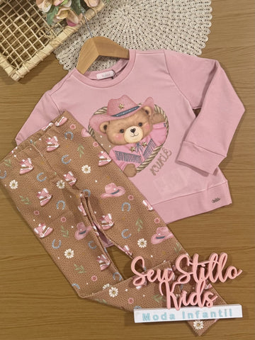 Conjunto Infantil Kukiê Inverno com Calça Legging e Casaco Rosa Ursinha Country