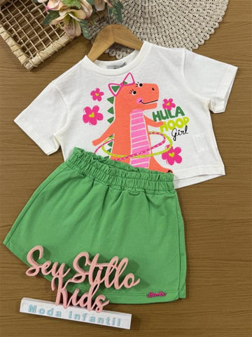 Conjunto Infantil Bimbi Verão com Shorts Saia Verde e Blusa Branca Dino