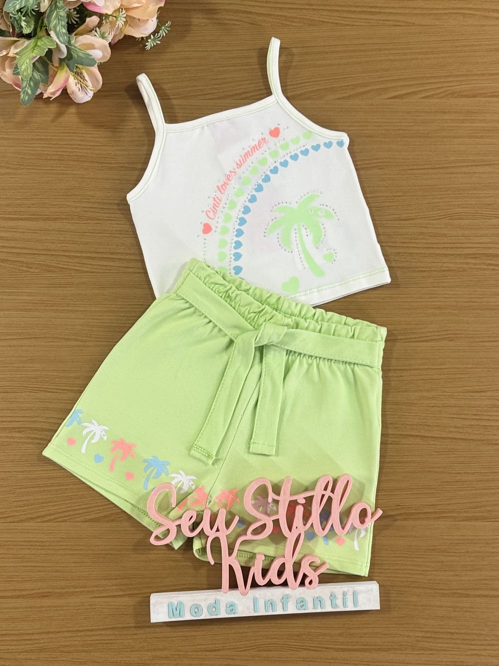 Conjunto Infantil Cinti Verão Shorts Verde e Regata Coqueiro
