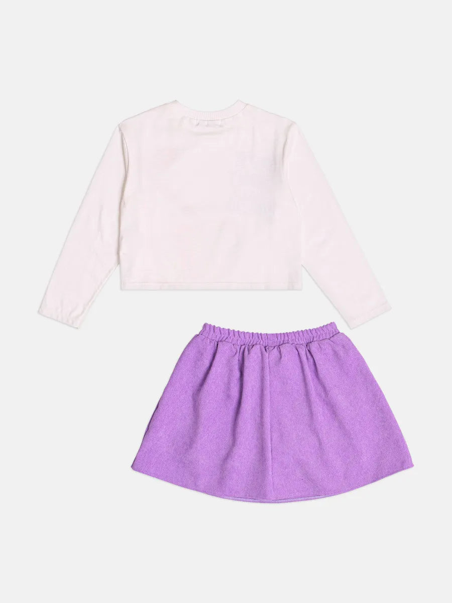 Conjunto Infantil Bimbi Inverno com Saia Roxa e Blusa Branca Manga Longa Uvinha