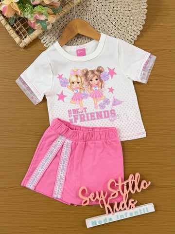 Conjunto Infantil Cinti Verão com Shorts Saia Rosa e Blusa Lider de Torcida Best Friends