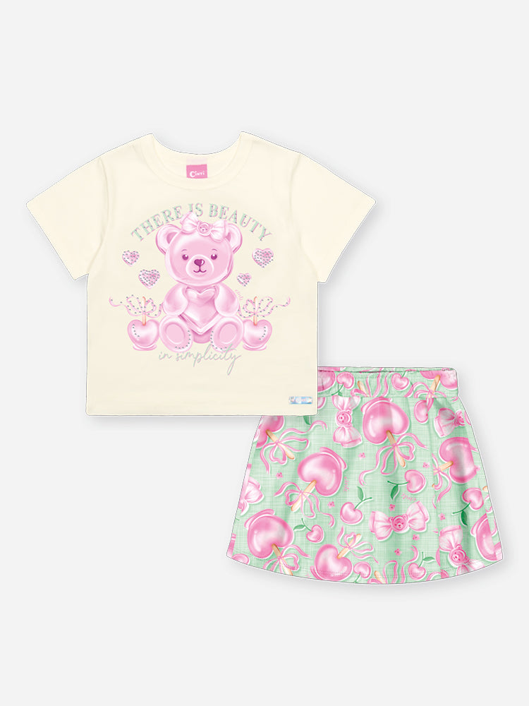 Conjunto Infantil Cinti Verão com Shorts Saia Verde e Blusa Branca Ursinha Docinho