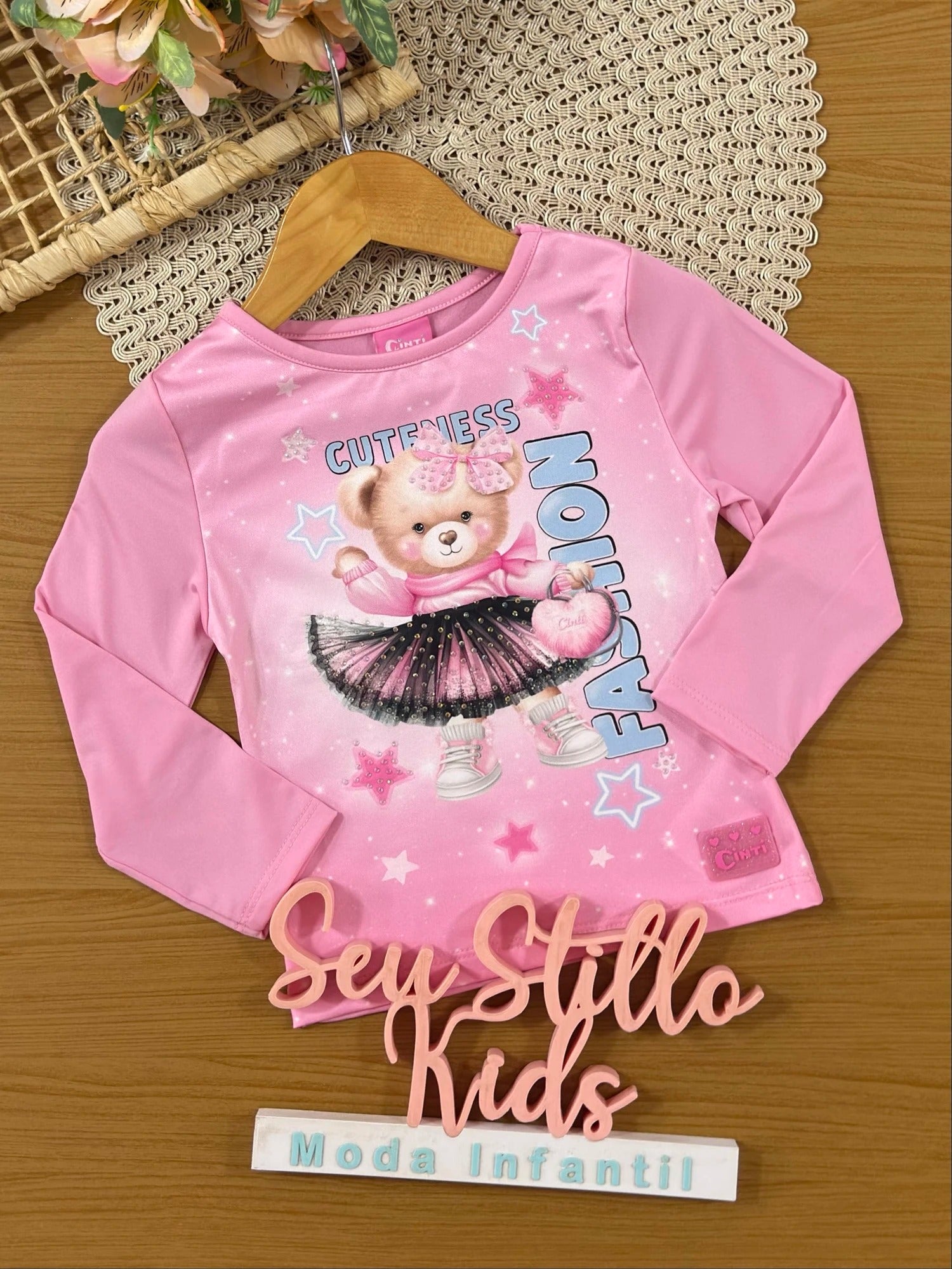 Blusa Infantil Cinti Inverno Manga Longa Térmica Rosa Ursinha Fashion