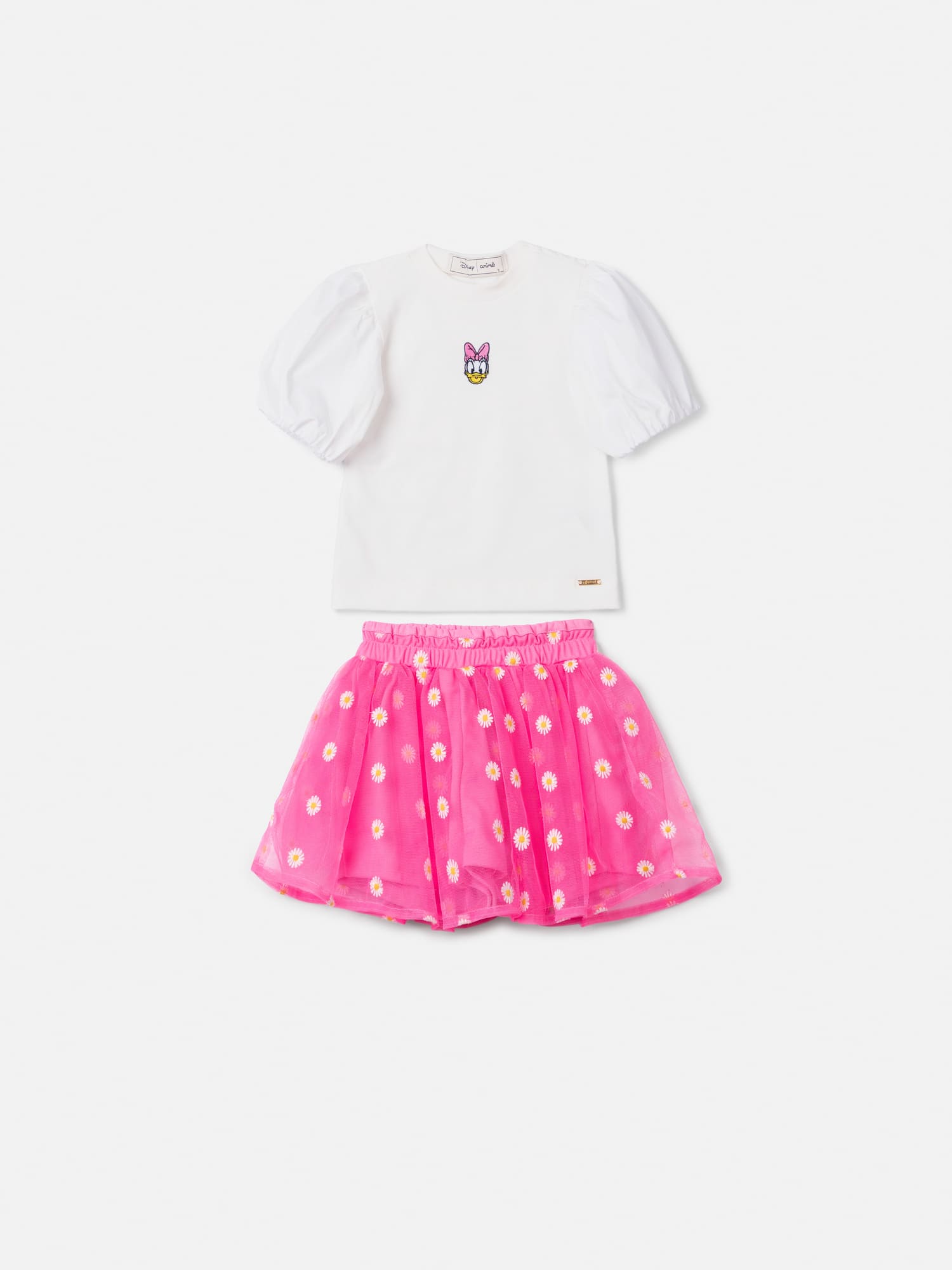 Conjunto Infantil Animê Verão com Saia em Tule Rosa e Blusa Branca Margarida Disney