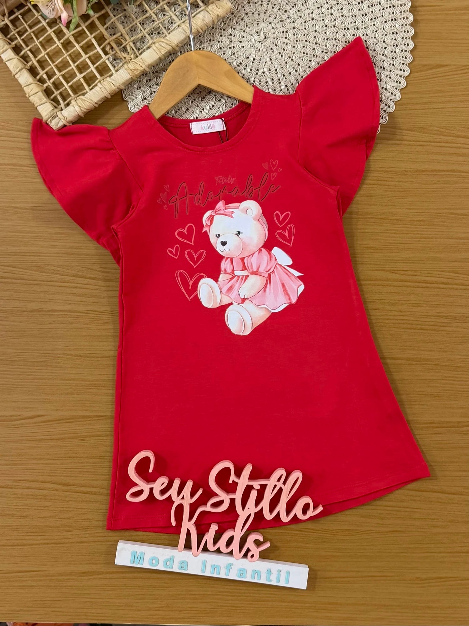Vestido Infantil Kukiê Vermelho Ursinha Corações