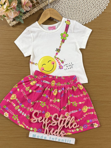 Conjunto Infantil Momi Verão com Saia Rosa e Blusa Branca Bolsinha Smile 3D