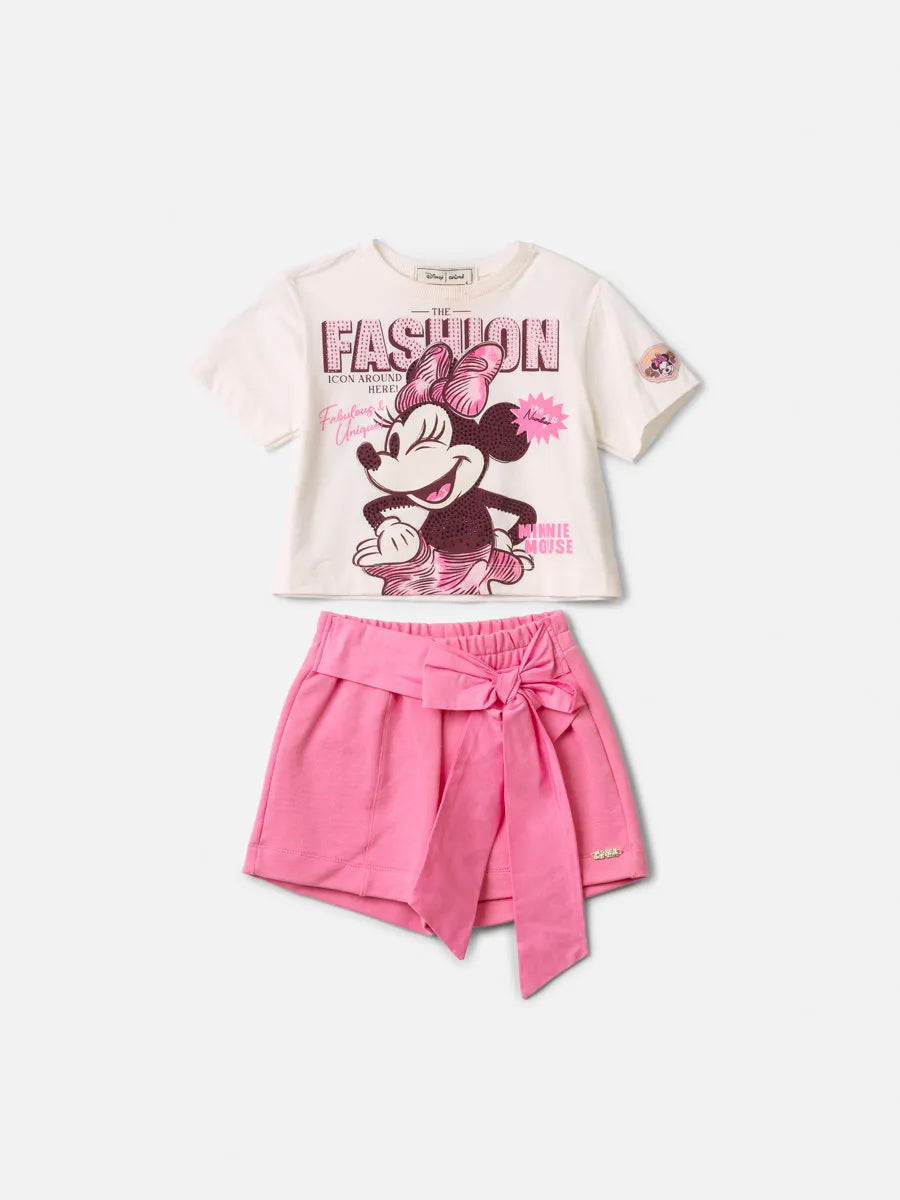 Conjunto Infantil Menina Animê com Shorts Rosa Laço e Blusa Branca Minnie Strass Disney