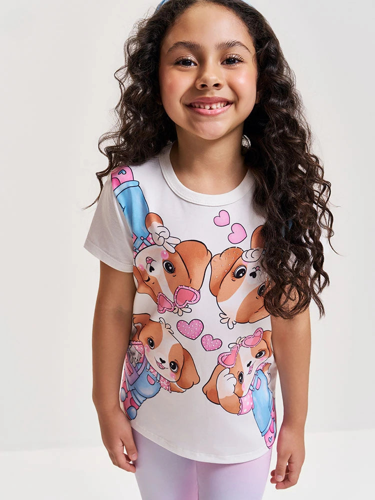 Conjunto Infantil Cinti Verão com Calça Legging Rosa e Blusa Cachorrinhos