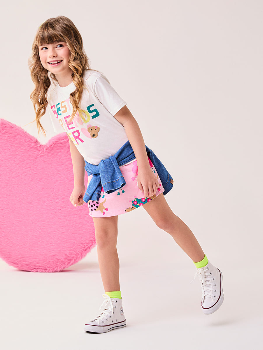 Conjunto Infantil Bimbi Inverno com Short-Saia Rosa e Blusa Branca Best Friends