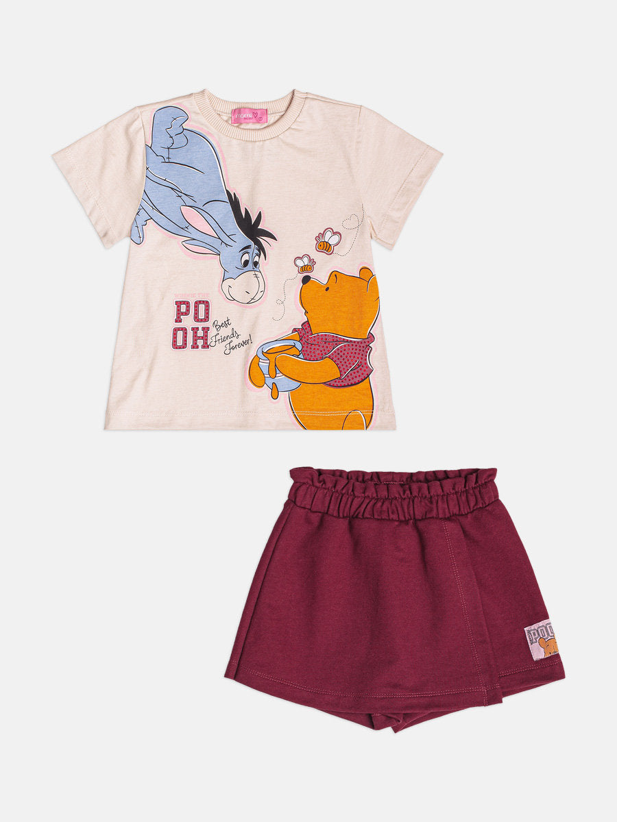 Conjunto Infantil Momi Inverno com Shorts Saia Vinho e Blusa Manga Curta Ursinho Pooh Friends Disney