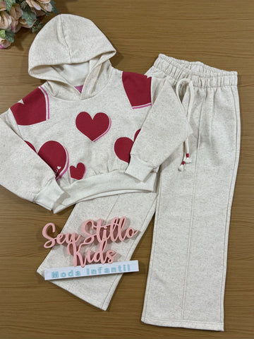 Conjunto Infantil Cinti Inverno Calça Wide Leg E Moletom Flanelado Coração