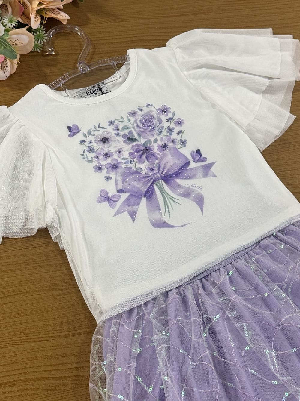 Conjunto Infantil Kukie Verão Saia Tule Lilás e Blusa Tule Laço