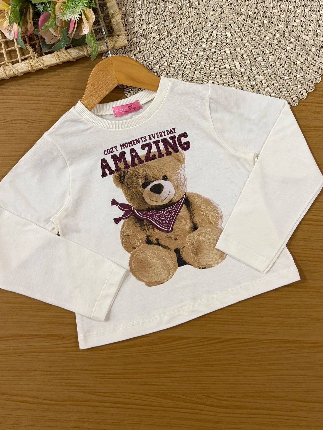 Conjunto Infantil Momi Inverno com Saia Vinho e Blusa Manga Longa Ursinha Amazing