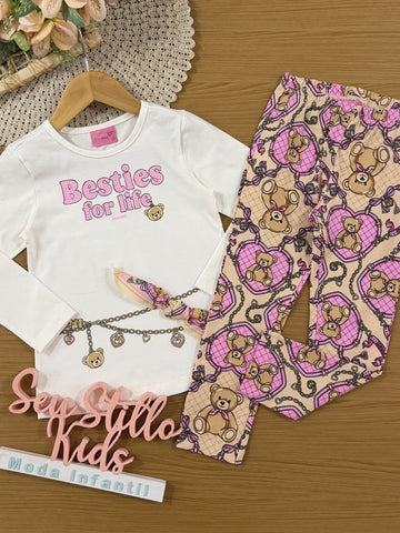 Conjunto Infantil Momi Inverno com Calça Legging e Blusa Branca Besties For Life