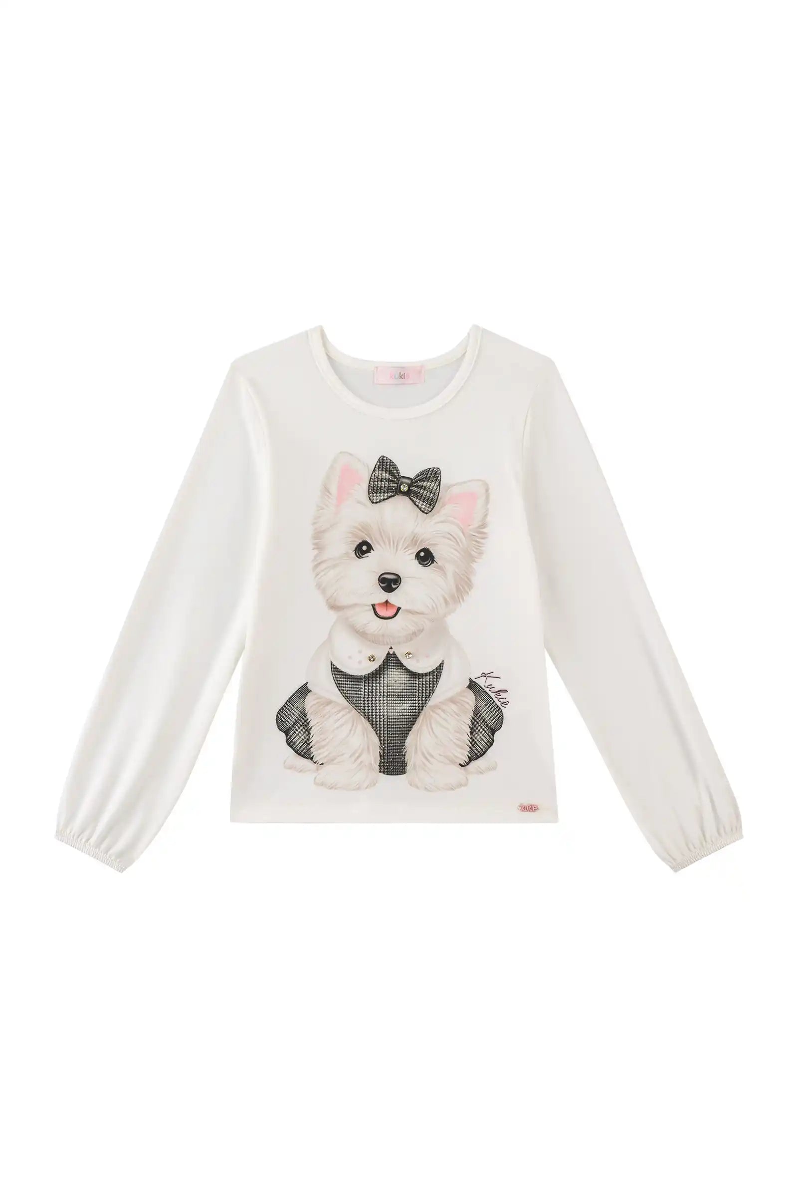 Blusa Infantil Kukiê Inverno Manga Longa Branca Cachorrinha Fashion