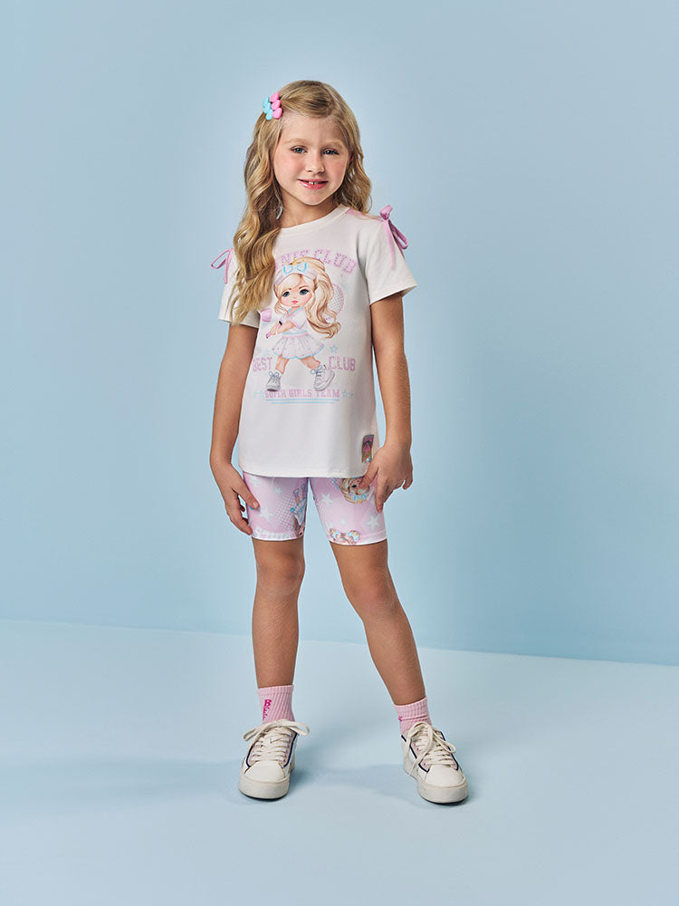 Conjunto Infantil Cinti Verão com Shorts Ciclista Lilás e Blusa Branca Tennis Club