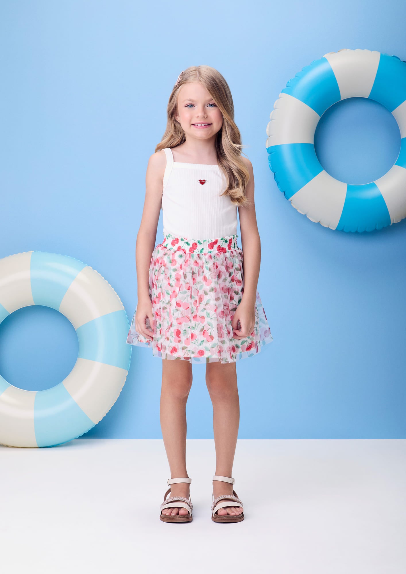Conjunto Infantil Momi Verão com Saia em Tule Cerejinha e Regata Branca