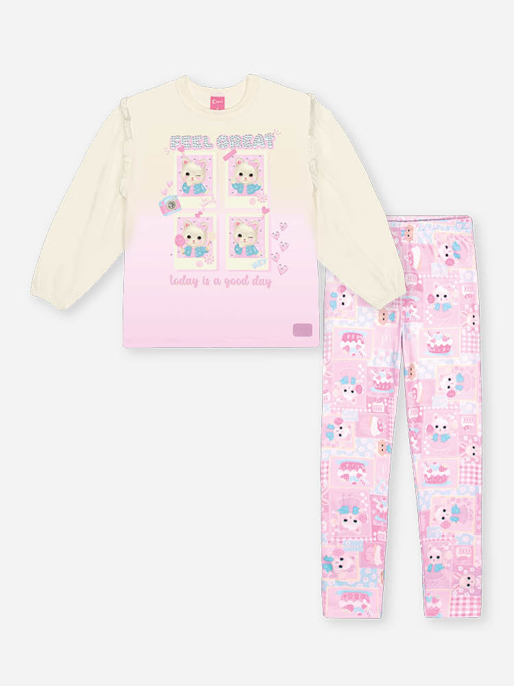 Conjunto Infantil Cinti Inverno com Calça Leggnig Rosa e Blusa Manga Longa Gatinha Feel Great
