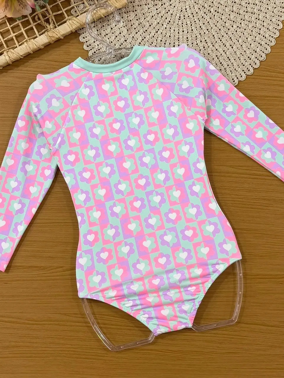 Maiô Infantil Menina Kukiê Manga Longa Colorido Coração Floral