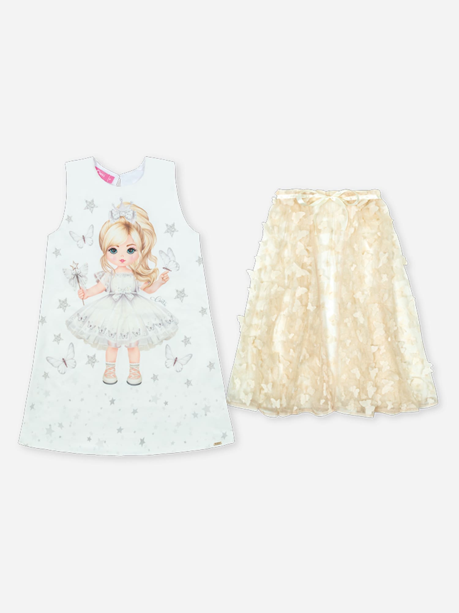 Vestido Infantil Cinti Verão Branco Princesinha com Sobreposição em Tule Borboletas
