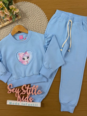 Conjunto Infantil Cinti Inverno com Calça e Moletom Flanelado Azul Unicórnio Coração