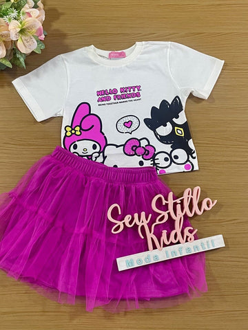 Conjunto Infantil Momi Saia Rosa e Blusa Hello Kitty and Friends