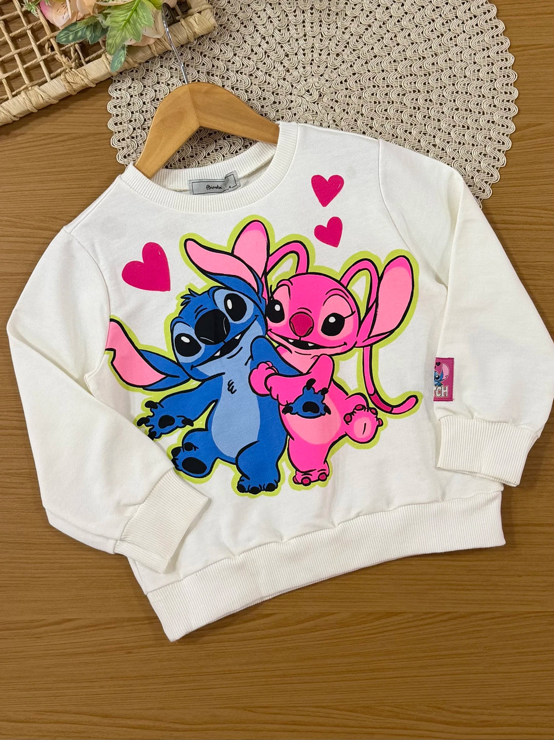 Conjunto Infantil Bimbi Inverno com Calça Legging Rosa e Moletom sem Flanela Stitch e Angel Disney