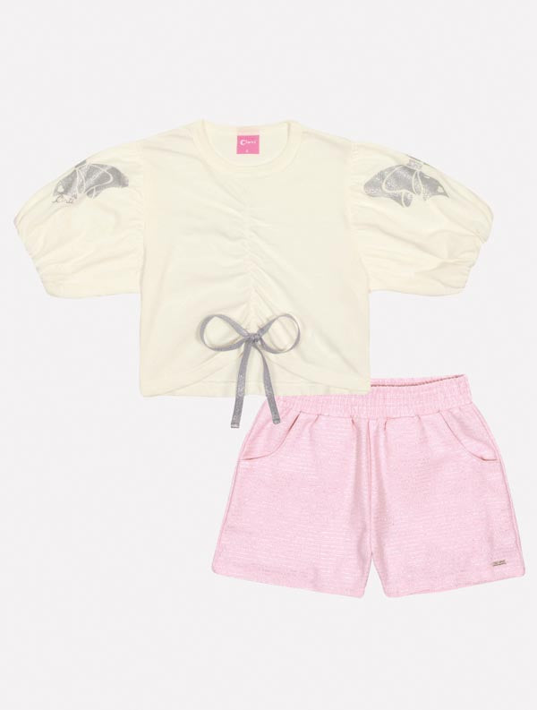 Conjunto Infantil Cinti Verão Shorts Rosa e Blusa Borboleta Glitter