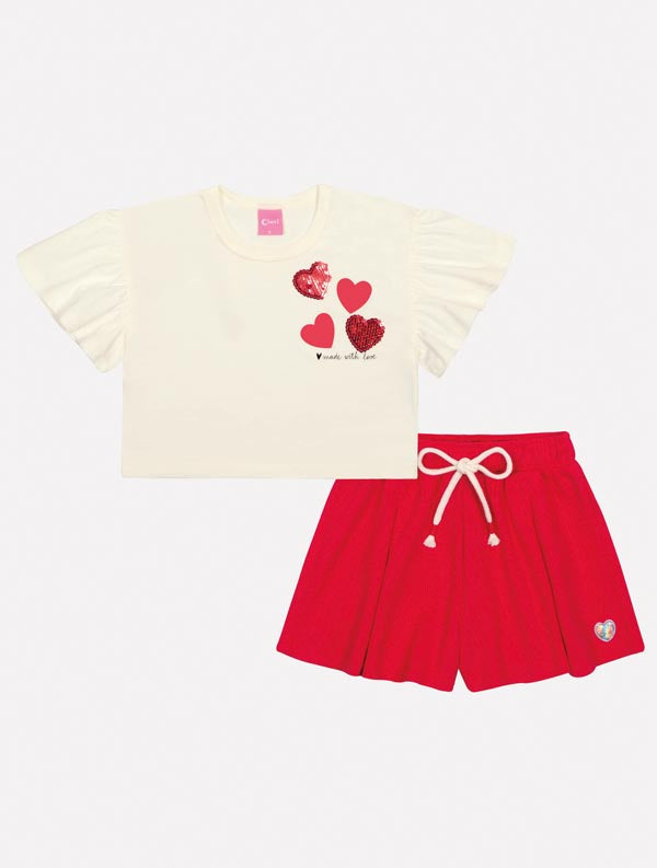 Conjunto Infantil Cinti Verão Shorts Vermelho e Blusa Corações