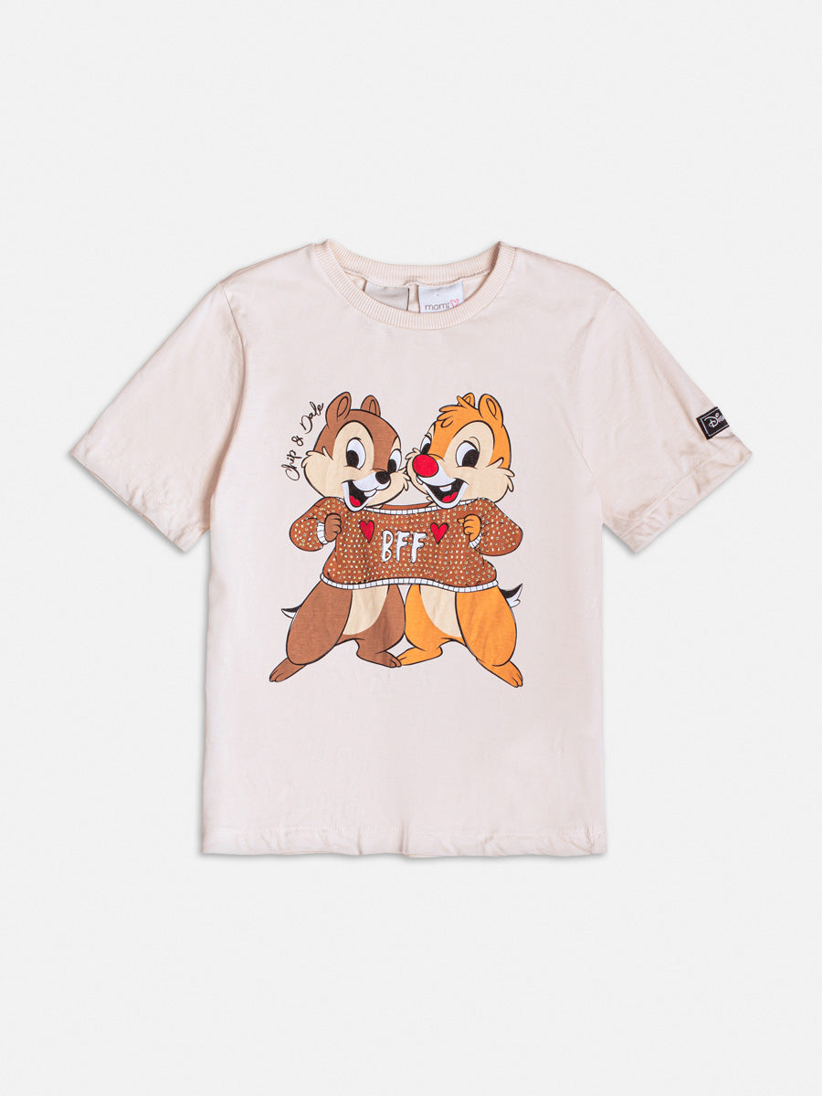 Blusa Infantil Momi Inverno Manga Curta Bege com Strass Tico Teco